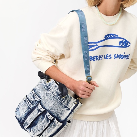 Clare V. Flat Clutch w/ Tabs Light Blue Woven Checker WITH CIAO STRAP - Picture 5 of 6